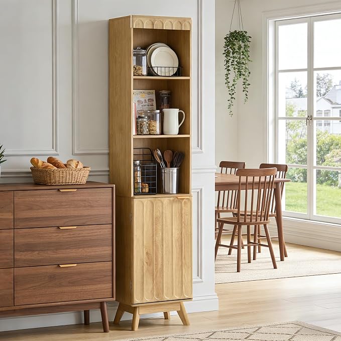 71" Tall Narrow Bathroom Storage Cabinet with Door, Small Fluted Cabinet with Adjustable Shelves & 3-Tier Open Shelf, Modern Freestanding Slim Organizer for Space Saving Living Room Kitchen (Natural)