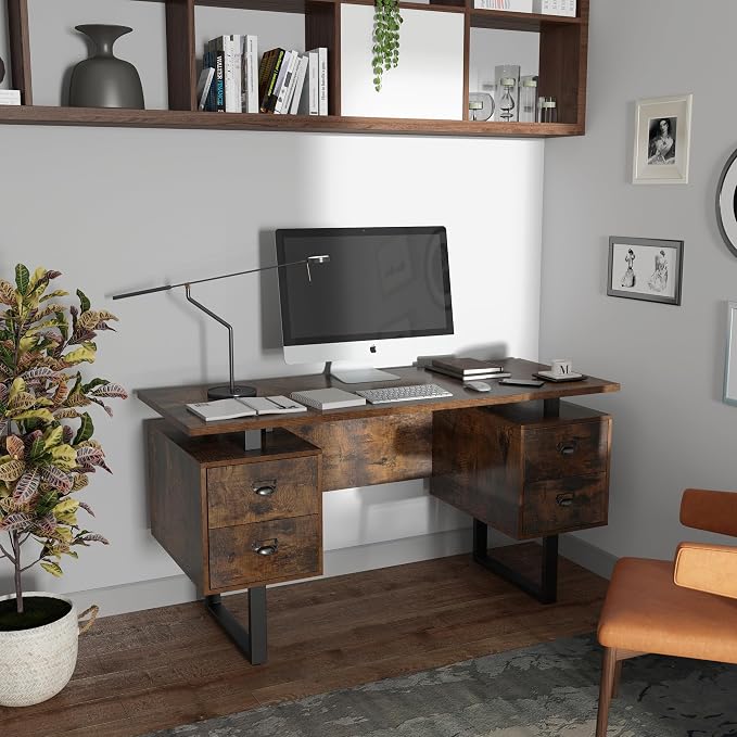 Computer Desk with Drawers 59" L Contemporary Home Office Laptop Desk with Floating Desktop and 4 Storage Drawers Vintage Study Gaming Table with Metal Frame Black & Rustic Brown CTSZ20401RC