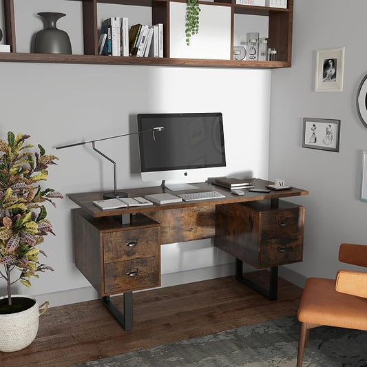 Computer Desk with Drawers 59" L Contemporary Home Office Laptop Desk with Floating Desktop and 4 Storage Drawers Vintage Study Gaming Table with Metal Frame Black & Rustic Brown CTSZ20401RC