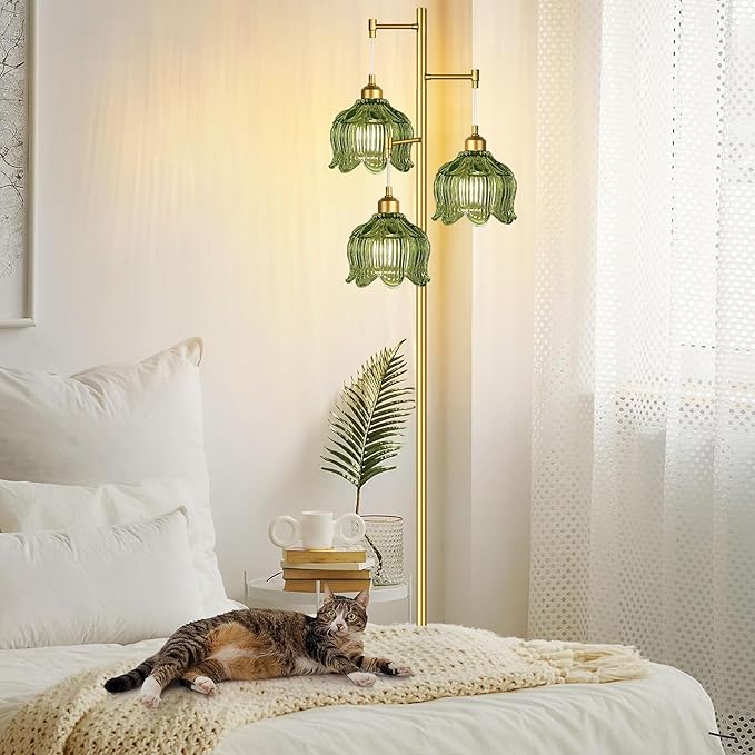 Glass Floor Lamp for Living Room,Bedroom,Gold Mid Century Modern Standing Lamp Brass Tree 3 Light Tall Floor Lamps Vintage Retro Floor Lights Green Flower Lamp Shade Farmhouse Boho Bohemian