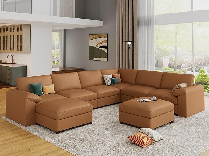 EASE MOOSE Leather Sectional Sofa, Oversized Faux Leather Sectional, Wide Deep Modular Couch, Scratch Resistant Material Sofas, U Shaped Couch,Brown