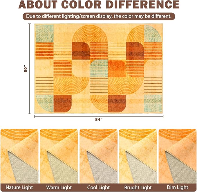 5x7 Area Rugs for Living Room, Soft Modern Geometric Rug for Bedroom, Washable Non-Slip Indoor Floor Abstract Carpet for Dining Room Nursery Home，Multi/Orange