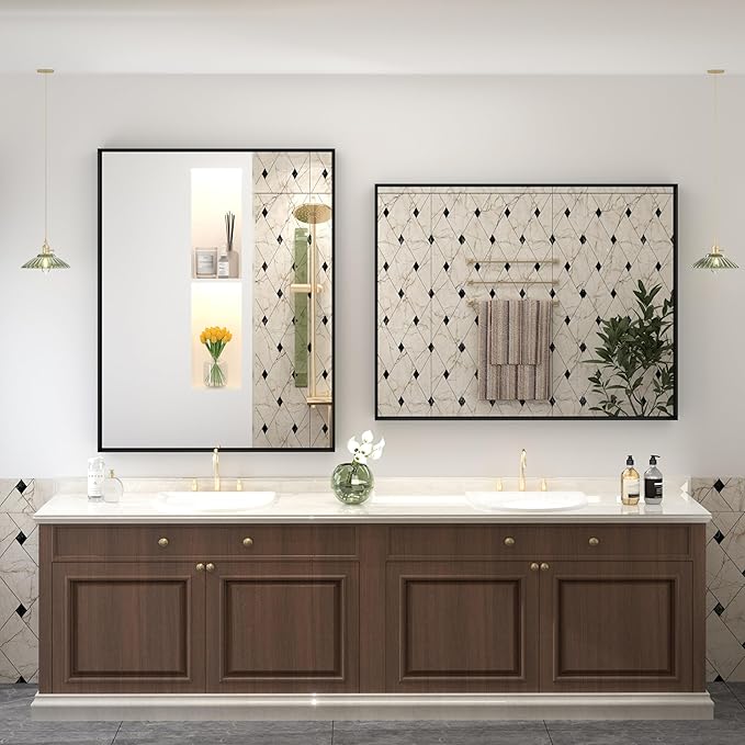 40x30 Inch Black Metal Framed Wall Mirror for Wall, Matte Black Rectangle Mirror, Bathroom Vanity Mirror with Square Corner, Shatterproof, Anti-Rust (Horizontal/Vertical)