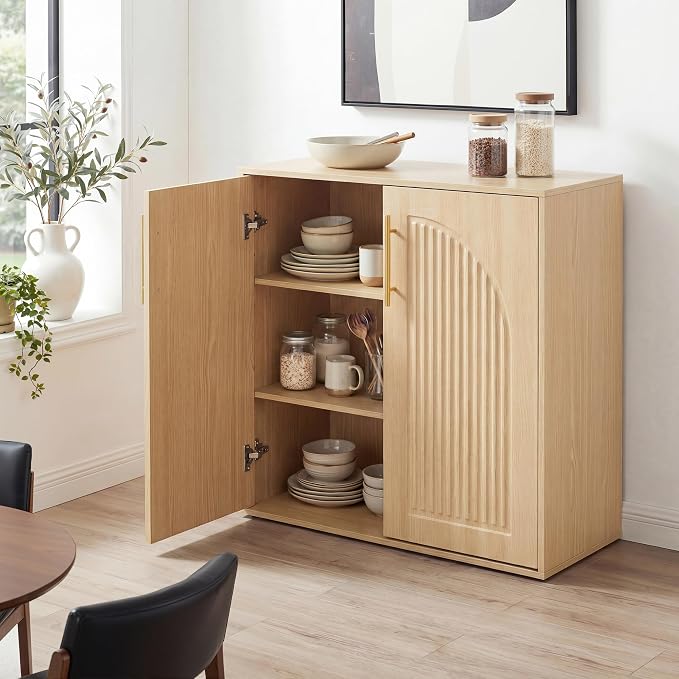 Fluted Sideboard Buffet Cabinet with Storage, Arched Doors & Adjustable Shelves, Modern Accent Credenza, Anti-Tip Console Cabinet for Living Room, Entryway, Hallway & Kitchen,Natural Oak