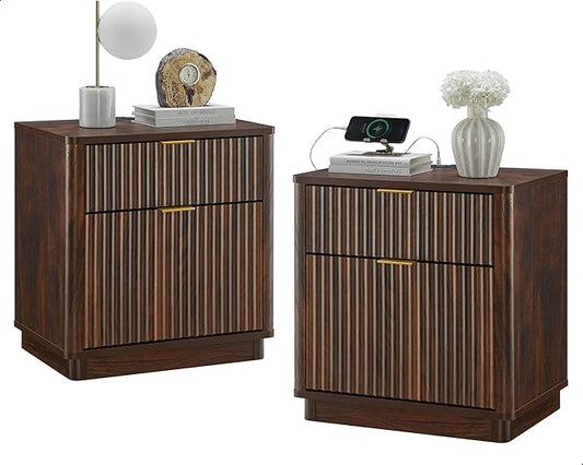 T4TREAM 23'' Fluted Nightstand Set of 2 with Charging Station, Large 2 Drawer Bedside Table, Modern End Table with Storage, Mid Century Night Stand for Bedroom Living Room, Curved Profile, Dark Walnut