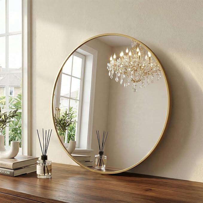 30 Inch Gold Round Bathroom Wall Mirror, Round Mirrors for Wall Decor, Circle Mirror for with HD Shatter-Proof Glass for Entryway, Living Room, Bedroom, Dressing Room, Home Decor