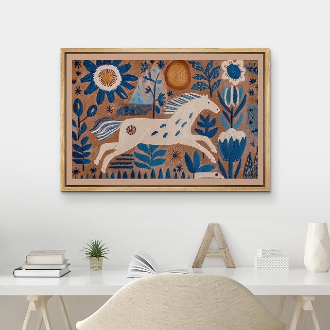 MUDECOR Framed Canvas Print Wall Art Folk Art White Horse with Blue Floral Botanical Illustrations Minimalism Decorative Bohemian Colorful Zen for Living Room, Bedroom, Office - 24"x36" NATURAL