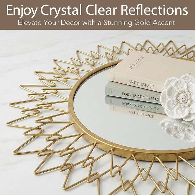 Large Sunburst Wall Mirror 36" - Vintage Gold Metal Frame Round Mirror for Wall - Mid Century Modern Statement Decorative Mirror for Living Room, Entryway, Fireplace Mantel