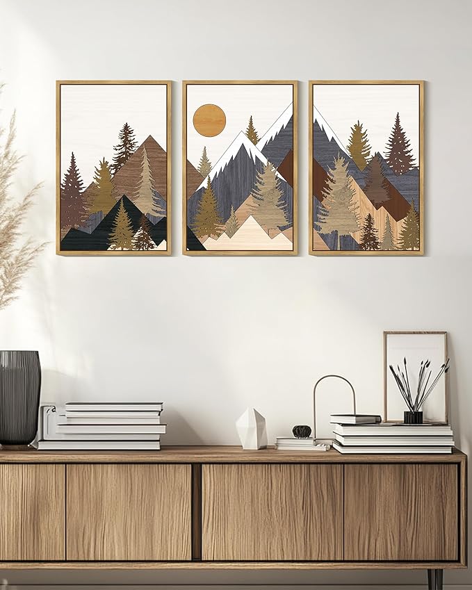 KUVIOKE Morden Boho Mountains Framed Canvas Wall Art Pine Tree Forest Nature Landscape Artwork Painting Bohemain Farmhouse Rustic Room Decor for Bedroom Living Room 16x24in (Natural Framed)