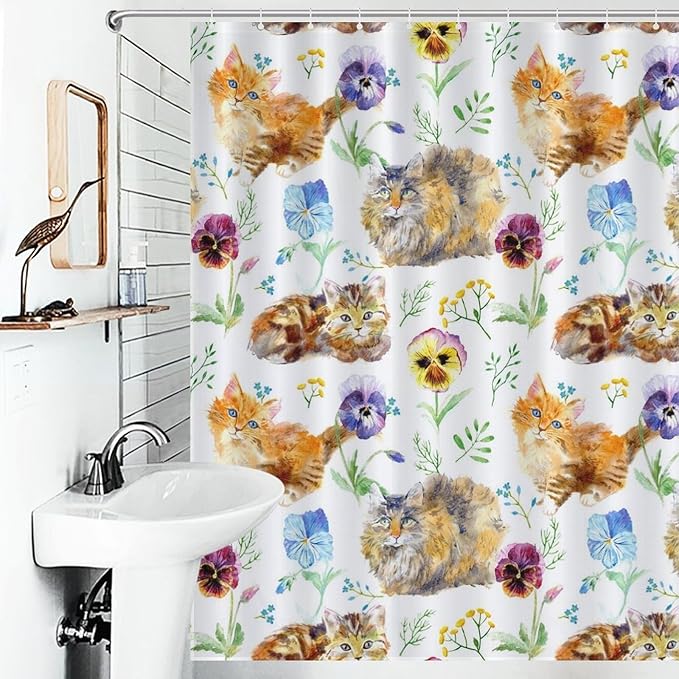Cat Shower Curtain,Cute Cartoon Colorful Pets Paw Bathroom Curtain Polyester Waterproof Fabric Decor 66x72in（168x183cm）
