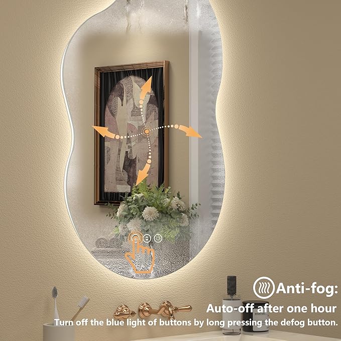 20x32 Inch Irregular Backlit Bathroom Mirror with Lights, Asymmetrical Cloud Lighted Vanity Mirror for Wall, Anti-Fog, Dimmable, Memory, 3 Colors (Horizontal/Vertical)