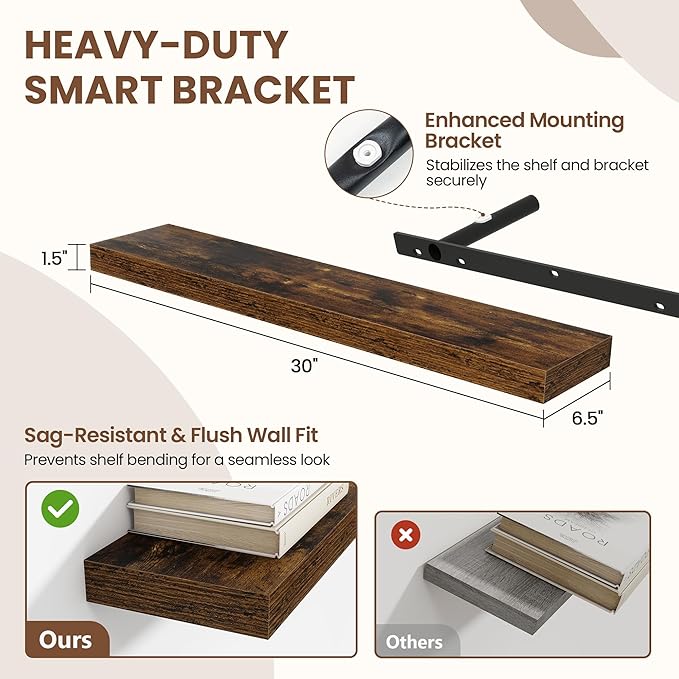 30 Inch Floating Shelves for Wall 2 Pack, 30" Wall Shelves for Books, Storage, Decor, Wall Mounted Floating Shelf with Invisible Brackets for Kitchen, Living Room, Brown