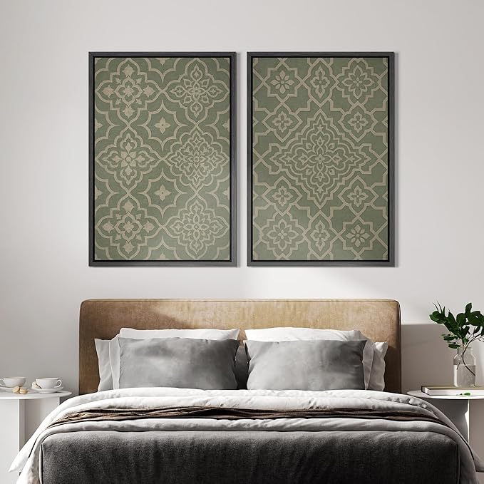 IDEA4WALL Framed Canvas Print Wall Art Set Moroccan Tile Pattern Green and Beige Geometric Illustrations Modern Art Decorative Bohemian Calm/Zen for Living Room, Bedroom, Office - 16"x24"x2 Black