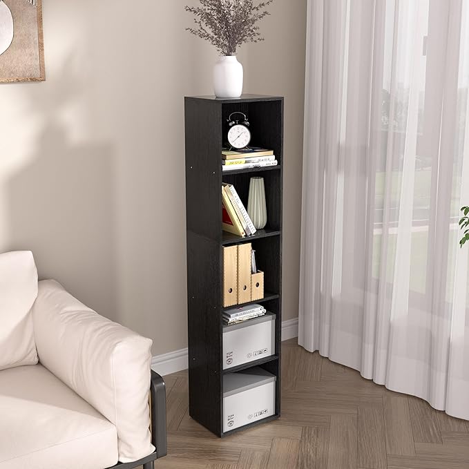 5-Tier Wooden Cube Storage Organizer, 52 Inch Tall Bookcase & Display Shelf with 5 Open Cubes, Freestanding DIY Closet Shelving Unit for Living Room Bedroom Office (Black, 5 Cube-W(11.8inch)