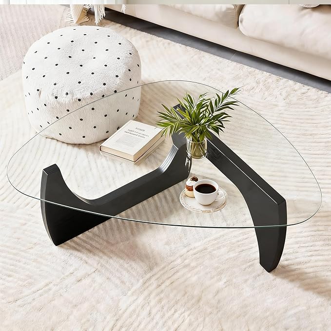 Black Coffee Table, 45" Large Oval Glass Coffee Table with Triangle Tempered Glass Top for Living Room, with Adjustable Wood Legs, Mid Century Center Tables