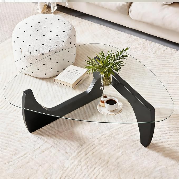 Coffee Table for Living Room, 44.9″D×32.3″W×15.8″H Modern Glass Coffee Table & Wooden Base, Unique Center Tables for Apartment, Small Spaces, Office