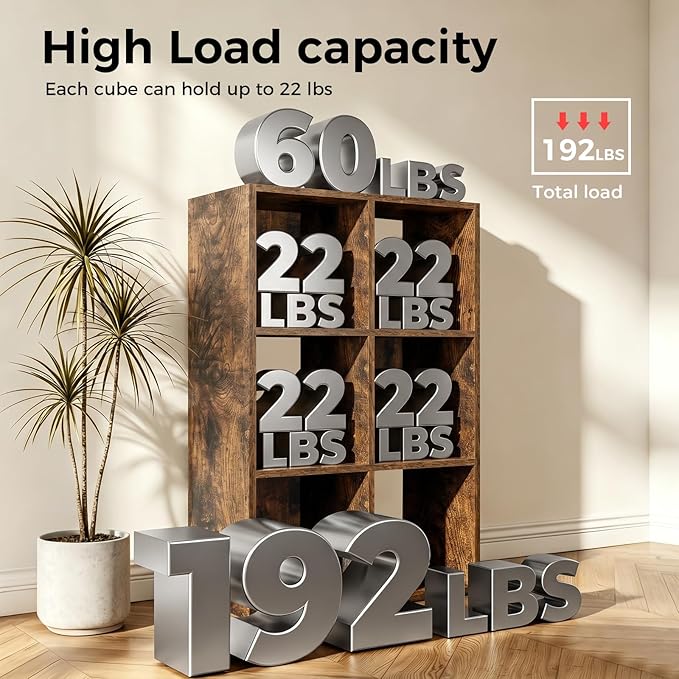 LUCKLIFE 6-Cube Storage Organizer, Stackable Modular Bookcase Shelf with Vertical or Horizontal Use, Fits 11×11" Bins, Optional Back Panels, for Living Room, Office, Vintage Brown