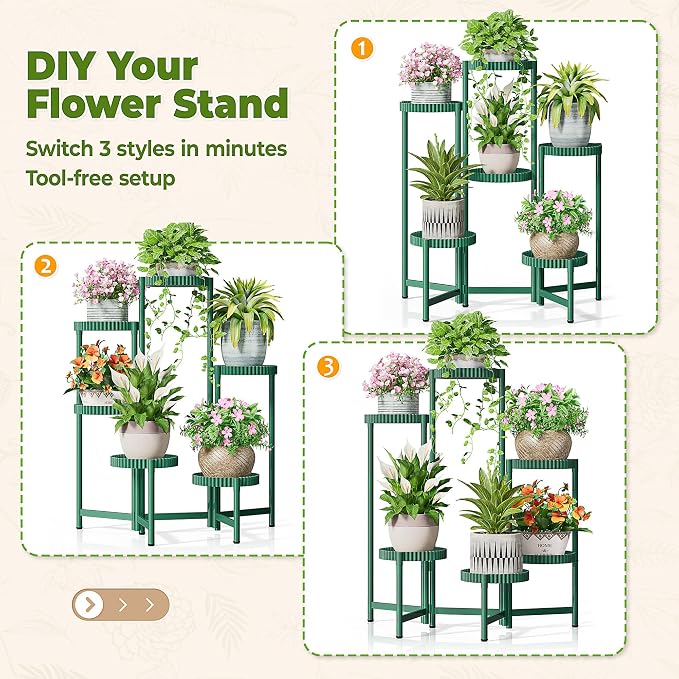6 Tier Large Plant Stand Indoor, 7.9 Inch Wide Tall Corner Metal Plant Stands Outdoor for Multiple Plants, Folding Tiered Flower Display Holder Rack Shelf for Living Room Patio Porch Balcony - GreenFloroma