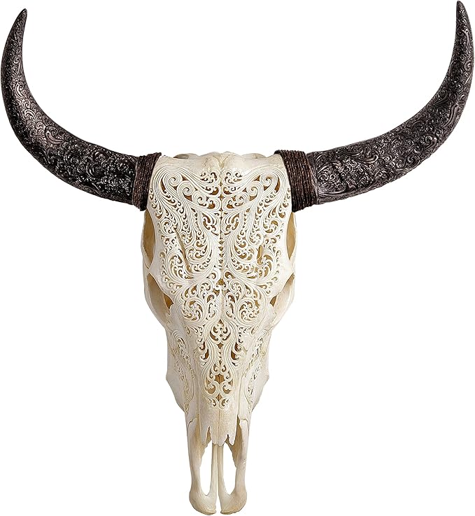 Skull Bliss - Hand-Carved Real Authentic Taxidermy Cow Skull/Bull Skull Wall Decor with Horns/Real Animal Cow Skull Wall Decor (Hand-Carved Horns)