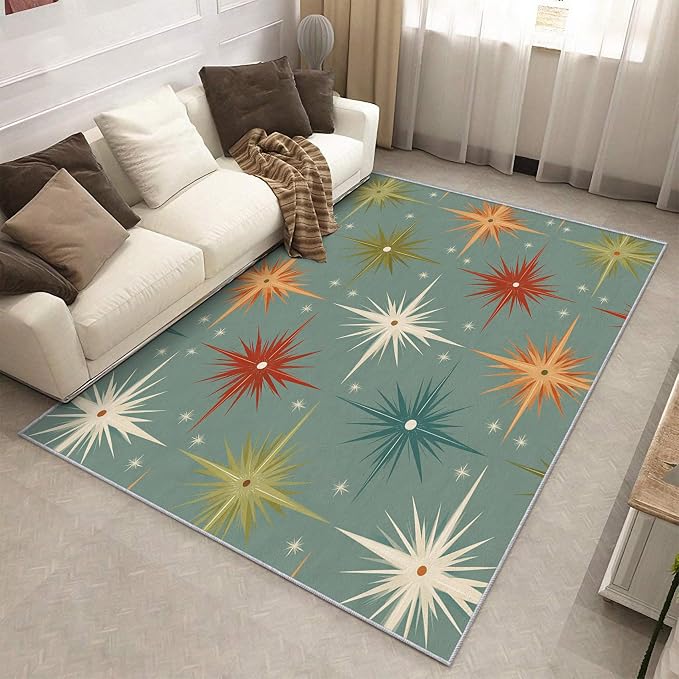 Mid Century Modern Rugs for Bedroom 6x9 ft, Starburst Area Rugs for Living Room, Washable Non Slip Low Pile Abstract Atomic Carpet, Home Decor PF-P 107
