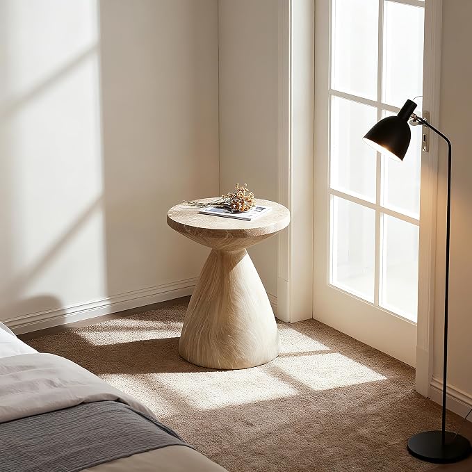 ø17.72'' Faux Concrete Cement Round Side Table End Table, Modern Contemporary Minimalist White Finish Style, MGO & Fiberglass Material for Indoor & Outdoor, No Assembly, Marble