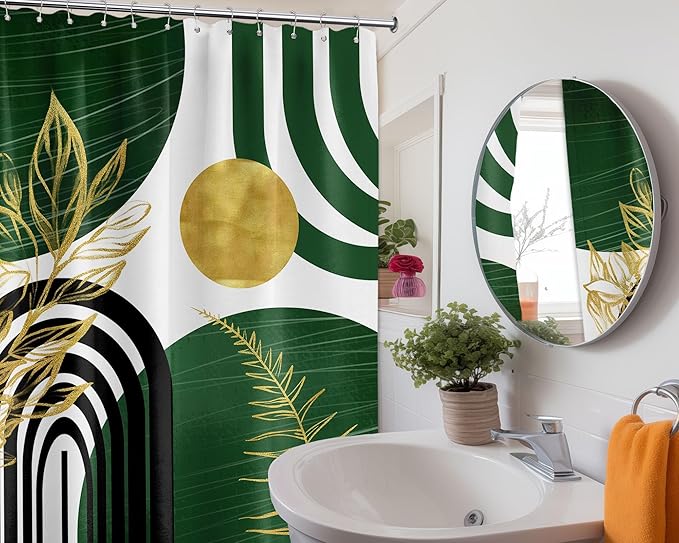 Olive Green and Gold Shower Curtain Boho Mid Century Modern Hunter Green Shower Curtains for Bathroom Decor Sets, Waterproof Cloth Fabric with Hooks 70x78in