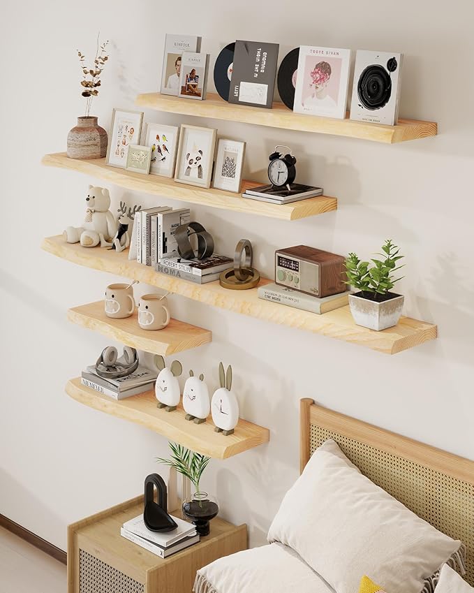 Axeman 48" Solid Wood Floating Shelves for Wall Decor, USA-Sourced Rustic Ash Wood Live Edge Shelf with Upgraded Heavy Invisible Bracket, Wall Mounted Shelf for Kitchen Bathroom Living Room, Natural