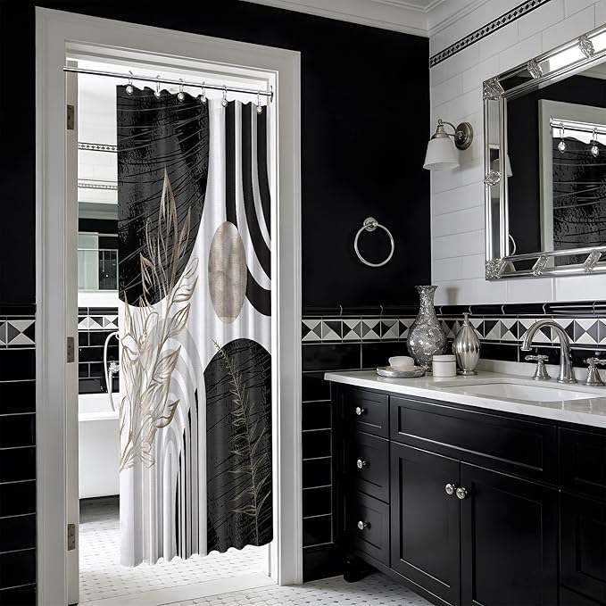 Mid Century Modern Black and White Shower Curtain Cool Charcoal Grey Silver Shower Curtains for Mens Bathroom Decor Sets, Abstract Boho Pattern, Waterproof Cloth Fabric with Hooks 36x72 in