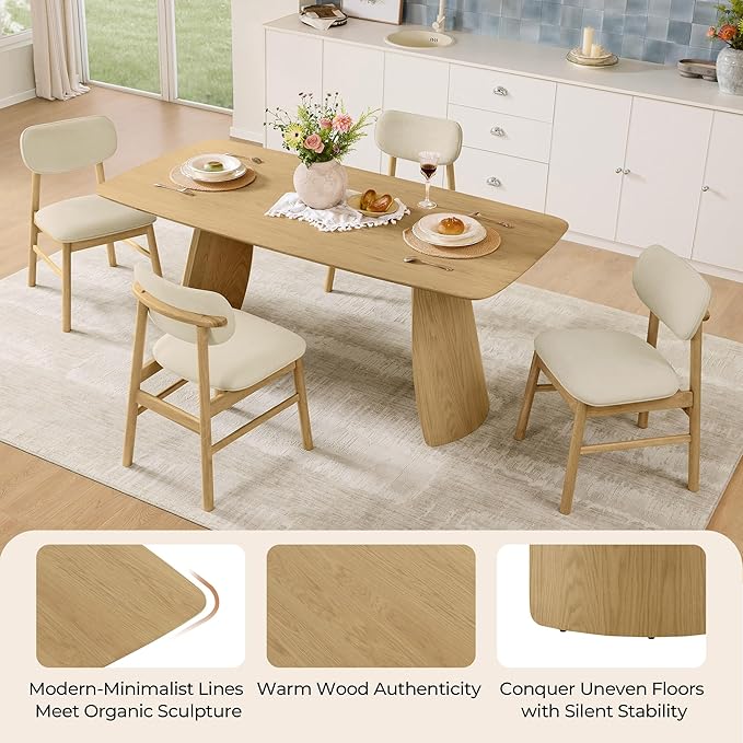 CHITA 71" Modern Dining Table for 6, Rectangle Wood Kitchen & Dining Room Table, Solid Rubberwood Frame, Bentwood Legs, Oak Venner