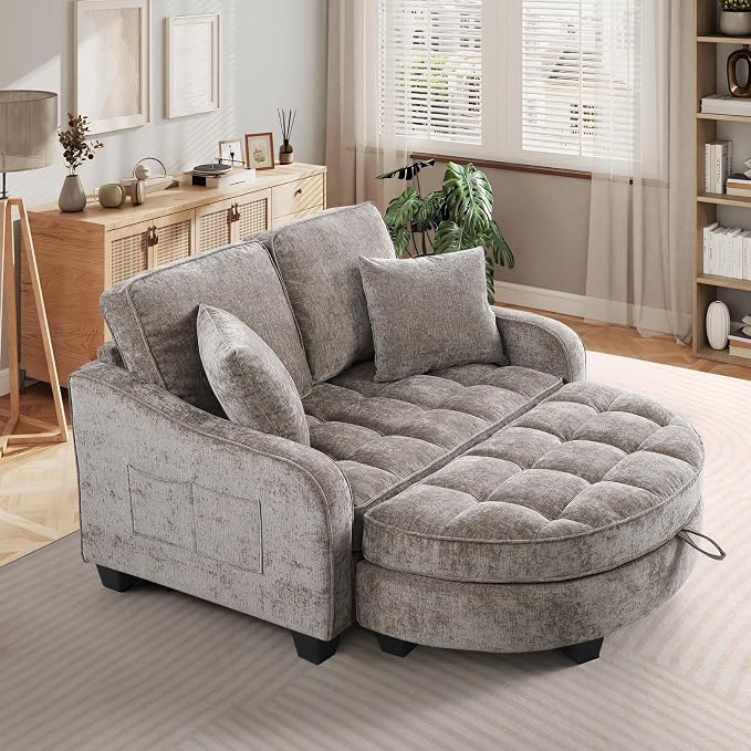 Oversized Chaise Lounge Chair Indoor with Ottoman, Chenille Tufted Comfy Loveseat Sofa Chair with Adjustable Backrest, Fluffy Recliner Sofa, Convertible Couch Sleeper Bed for Living Room(51"W, Brown)