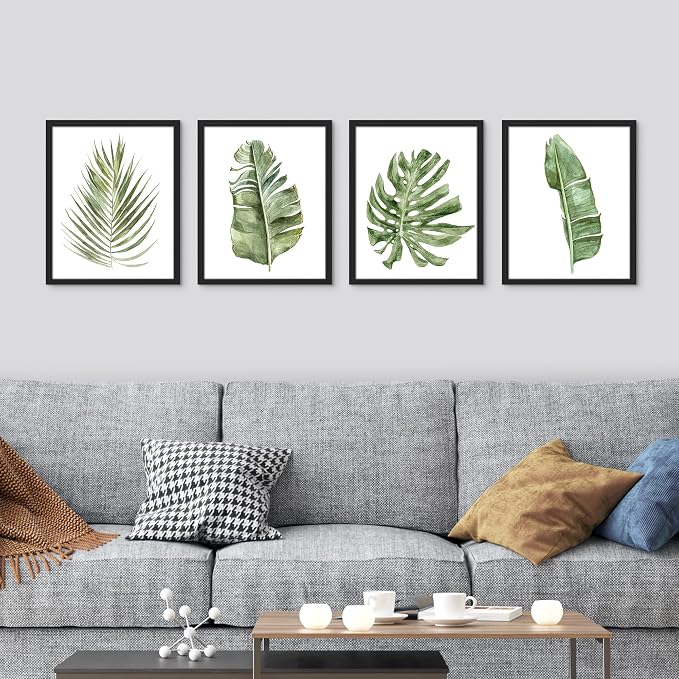 SIGNWIN Framed Banana Palm Monstera Leaf Wall Art, Set of 4 Green Pastel Wall Decor Prints, Nature Wilderness Wall D¨¦cor for Living Room, Bedroom - 12"x16" Black