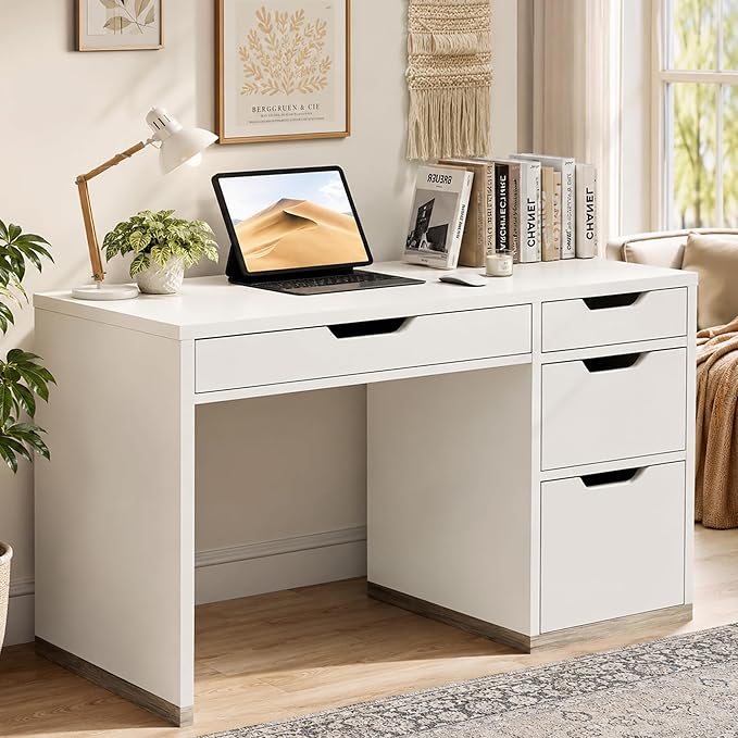 MaverickFurni White Desk with Drawers, 48 Inch Small Computer Desk for Bedroom, Modern Study Writing Desk with 4 Storage Drawers for Teens & Home Office