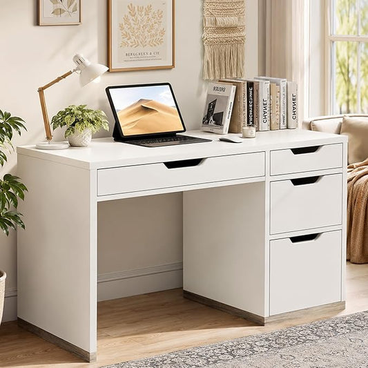 MaverickFurni White Desk with Drawers, 48 Inch Small Computer Desk for Bedroom, Modern Study Writing Desk with 4 Storage Drawers for Teens & Home Office