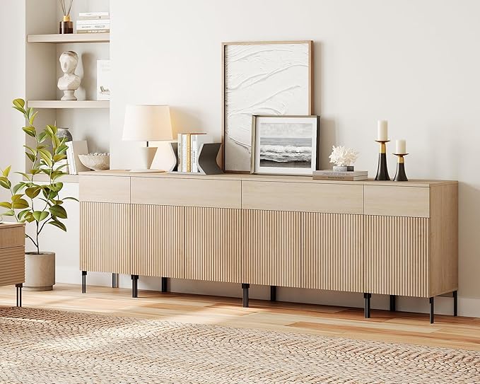 WAMPAT 94.5" Large Sideboard Buffet Cabinet with 4 Drawers & 5 Doors, 4-in-1 Fluted Storage Cabinet with Charging Station, Modern Buffet Table Coffee Bar Wine Bar Cabinet for Dining Room,Beige