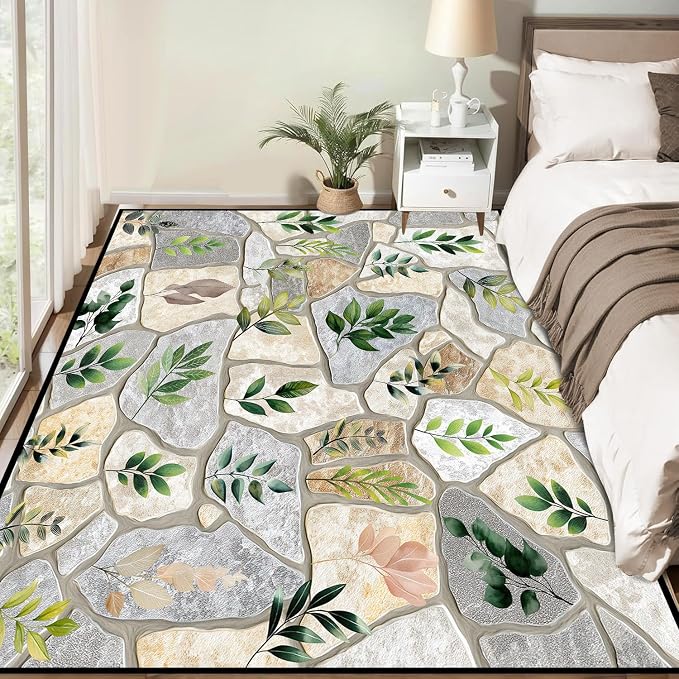 5'x7' Optical Illusion Rug 3D Stone Floor Mat Green Leaf Botanical Area Rug Rustic Nature Washable Carpet for Bedroom Living Room Kitchen Nursery Playroom Home Decor