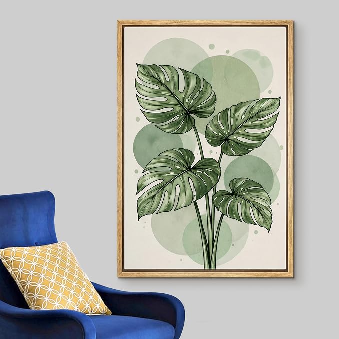 Woodrose Framed Canvas Print Wall Art Green Monstera Leaves Botanical Illustrations Modern Art Minimalist 3D Colorful Ultra for Living Room, Bedroom, Office - 24"x36" NATURAL