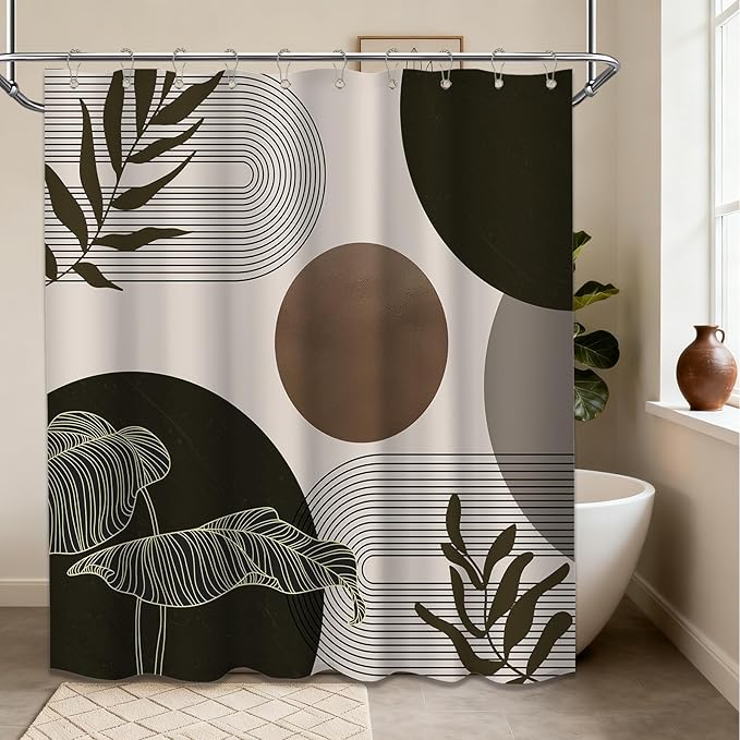 Brown and Beige Shower Curtain Light Brown Tan Taupe Boho Mid Century Modern Shower Curtains for Bathroom Decor MCM Mens Cool Bath Curtain Set, Waterproof Fabric with Hooks 60 x 72 Inch