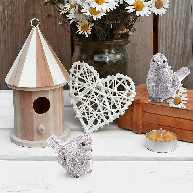 Blulu 2 Pcs Bird Figurines Home Decor Resin Bird Statue Vintage Farmhouse Decoration Boho Animal Decorative Sculpture Gifts for Home Table Office Shelf Tabletop Accents(White,Natural)