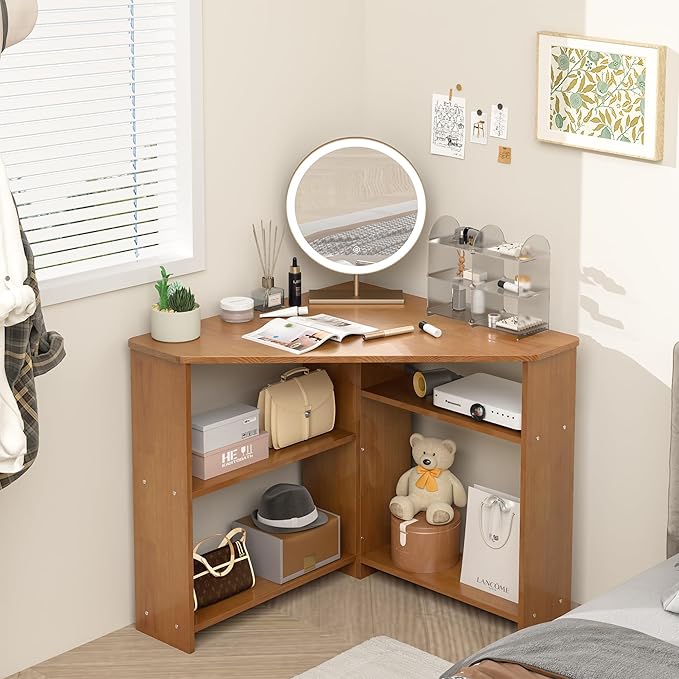 31.5” Small Corner Desk with Storage - L Shaped Desks with Storage, Solid Wood Desk with Shelves, Corner Computer Desk for Small Spaces, Writing Desk for Bedroom&Home Office - Walnut