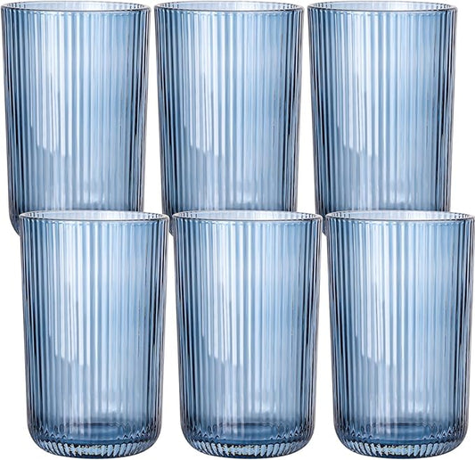 Blue Ribbed Highball Glasses Set of 6, 13.2oz Midnight Blue Colored Glassware, Drinking Glasses for Water, Juice, Iced Coffee, Cocktails, Blue Glass Cups, Housewarming Christmas Gift