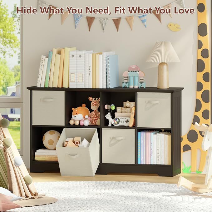 VORONOI 8 Cube Storage Organizer with 4 Fabric Drawers and Removable Shelves — Modular Cube Bookshelf for Bedroom, Living Room, or Home Office, Short Cube Bookcase for Toys, Decor,Black