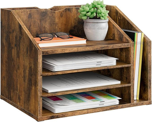 CHOEZON Wooden Desk Organizer with Adjustable Partitions, Multi-Layer Desktop File Holder for Home Office, Paper & Stationery Storage Organizer, Rustic Brown MWJ04FG