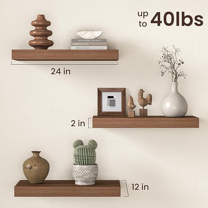 Fun Memories 12 Inch Deep Walnut Floating Shelf, 24 x 12 Rustic Wood Wall Shelf for Books, 2" Thick Deep Floating Shelf for Storage & Display in Kitchen, Living Room, Bedroom, 2 Packs