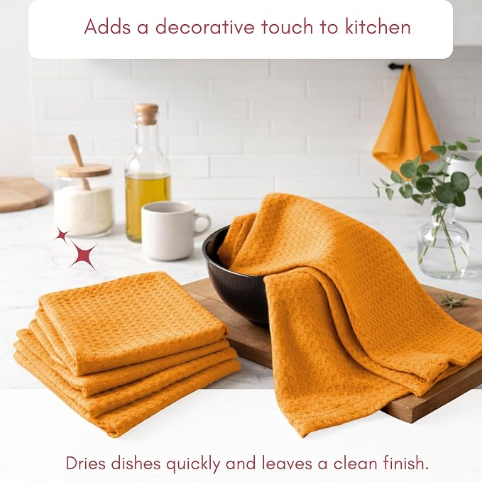 TWINY threads Kitchen Towels Set of 6, 100% Cotton Waffle Weave Easter Dish Towels, Tea Towels with Hanging Loop, Washable Bar Towels for Table Cleaning, Dinning, Parties- 16"X 26"-Mustard Yellow