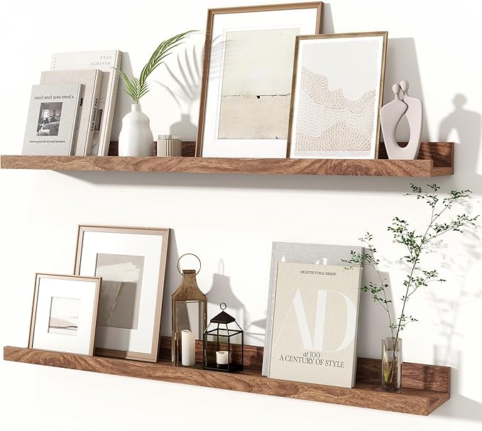 Fun Memories Picture Ledge Shelves Set of 2, 32 Inch Rustic Wall Mounted Floating Shelves with Lip for Home Storage and Décor in Bathroom, Kitchen, Nursery, Bedroom, Living Room, Walnut