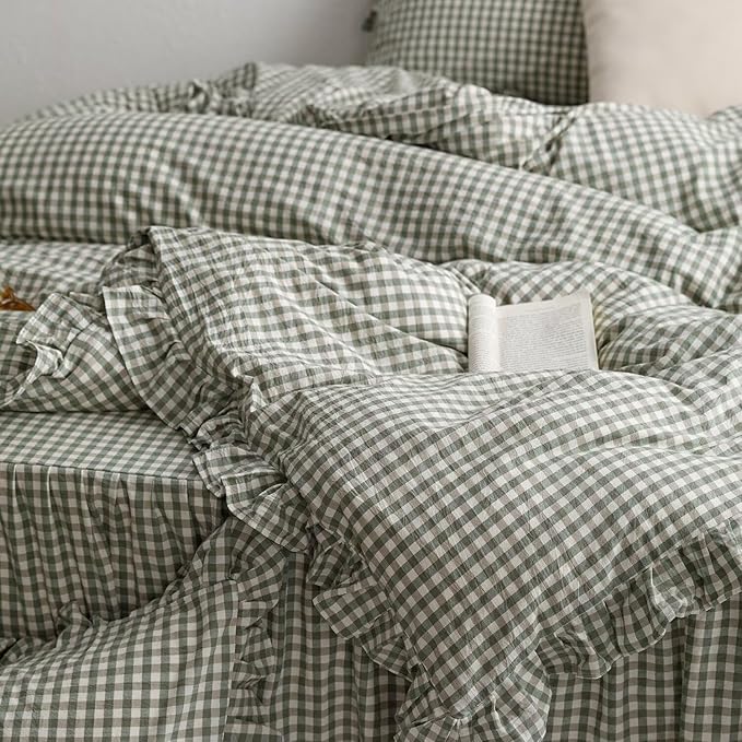 mixinni Green Ruffle Duvet Cover King Size 3 Pieces – 100% Washed Cotton, Vintage Plaid Ruffled Bedding Set with Zipper Ties, Soft Checkered Grid Farmhouse Chic Comforter Cover Set