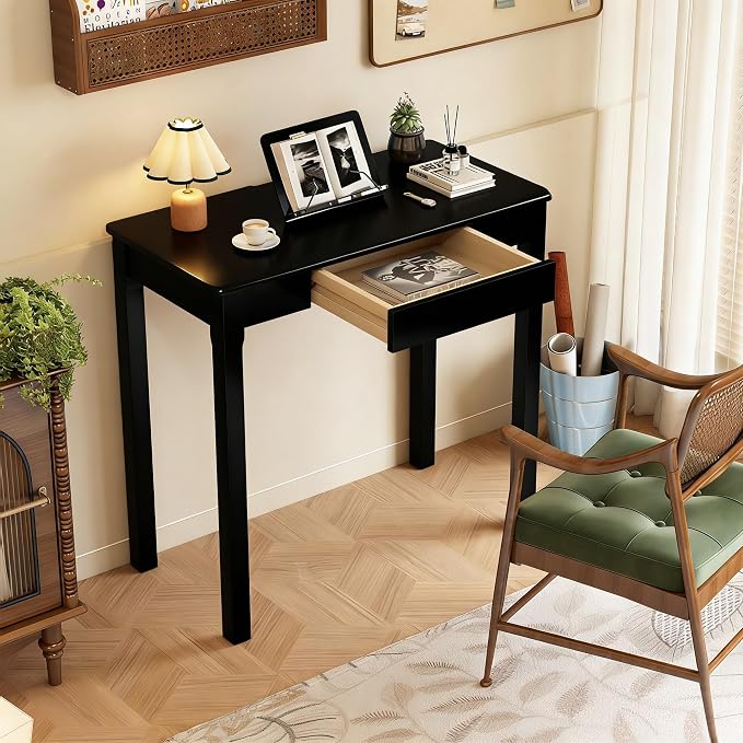 Solid Wood Desk with Drawers - 32 x 16 Inch Simple Narrow Desks, Rubber Wood Study Table, Small Writing Desk for Bedroom|Small Spaces - Modern Black Desks