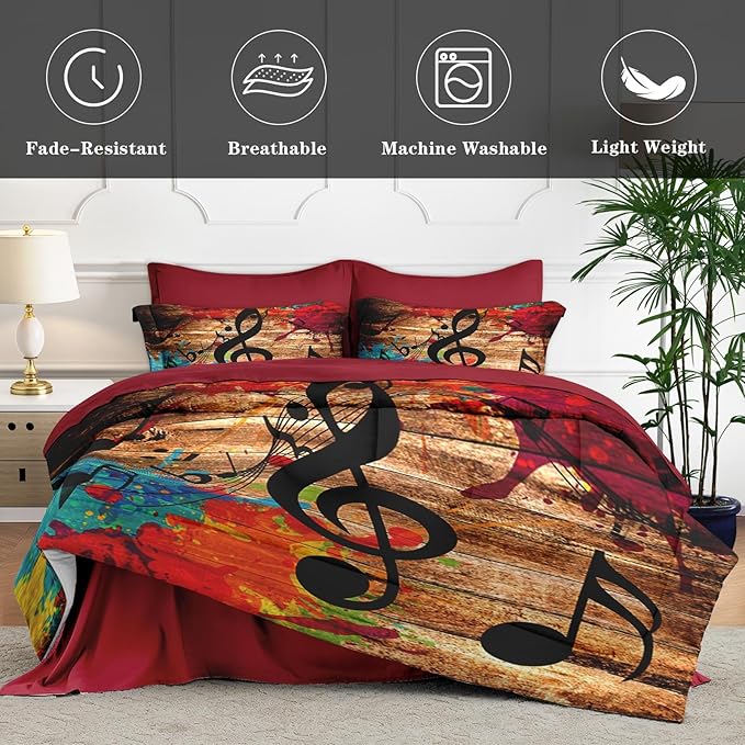 WeCozy 5 Pcs Twin Size Comforter Set with Pillowcase & Sham, Musical Music Disco Bedding for Kids and Adults, Black Retro Wood Grain Bedding Set with Flat Fitted Sheet