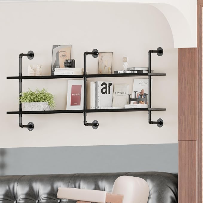 HDDFER Industrial Pipe Shelf Shelving Bookcase, Wall Mounted Rustic Bookshelf, Floating Bookshelves for Wall,Retro Wood Metal Pipe Industrial Shelves for Living Room