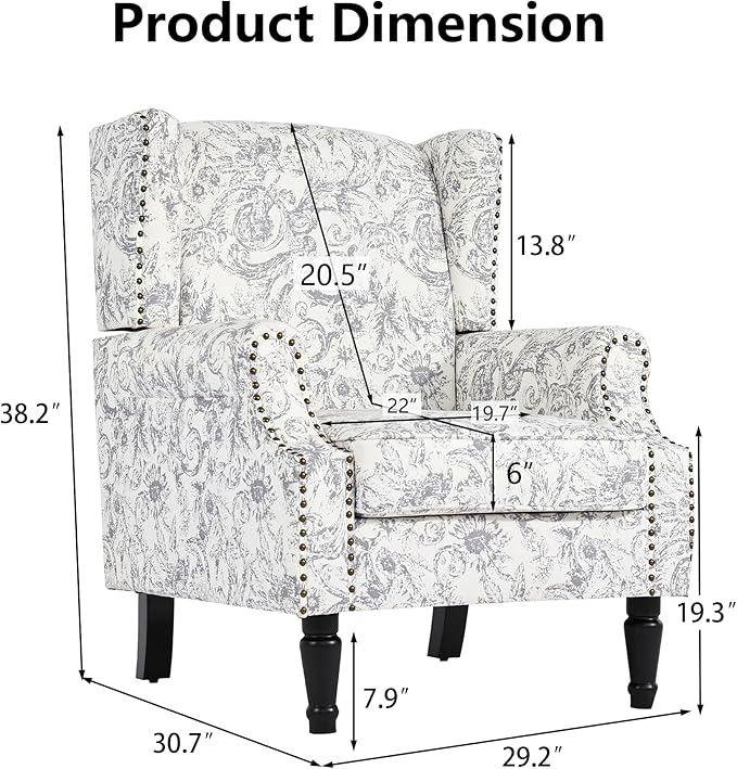 Pia Ricco High Back Floral Accent Chair - Retro Wingback Upholstered Armchair with Nailhead Trim, Solid Wood Legs, Fabric Living Room Bedroom Reading Chair (Rococo Light Gray)